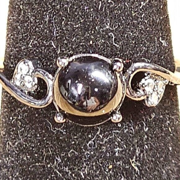 Source Unknown Jewelry - Black Onyx & Silver Tone Ring With Crystal Accents - Size 7